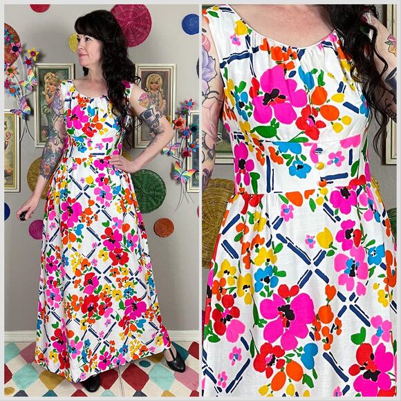 Vintage 1970s White Hawaiian Floral Day Glo Sleeveless Maxi Dress - Picture 1 of 7